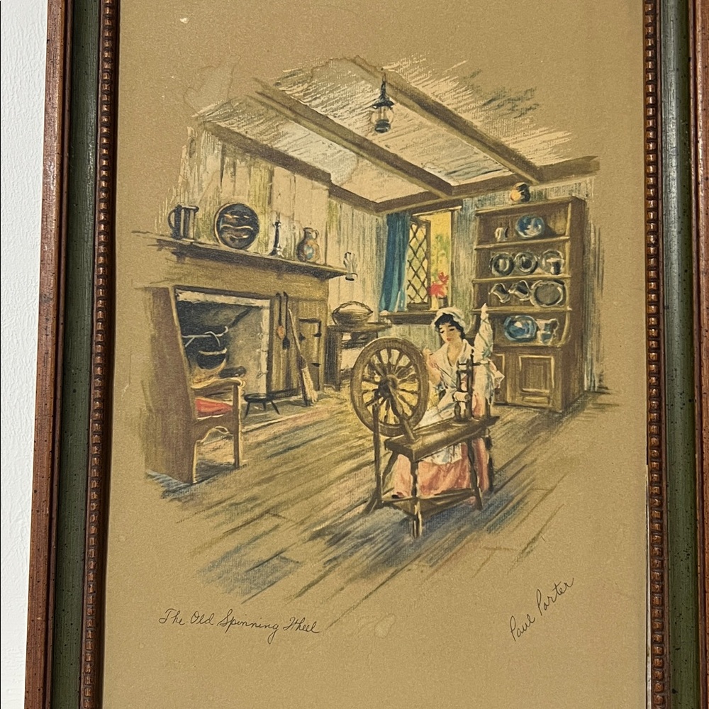 Vintage Framed Art Prints with Spinning Wheel Scenes by Paul Porter. - Picture 3 of 7